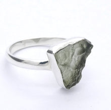 Load image into Gallery viewer, Raw Natural Moldavite Ring | 925 Sterling Silver | Bezel Set | Open back | US Size 8.5 | Aus Size Q1/2 | Green Obsidian | Chechya | Intense Personal Heart Transformation | Scorpio Stone | Genuine Gems from Crystal Heart Melbourne Australia since 1986