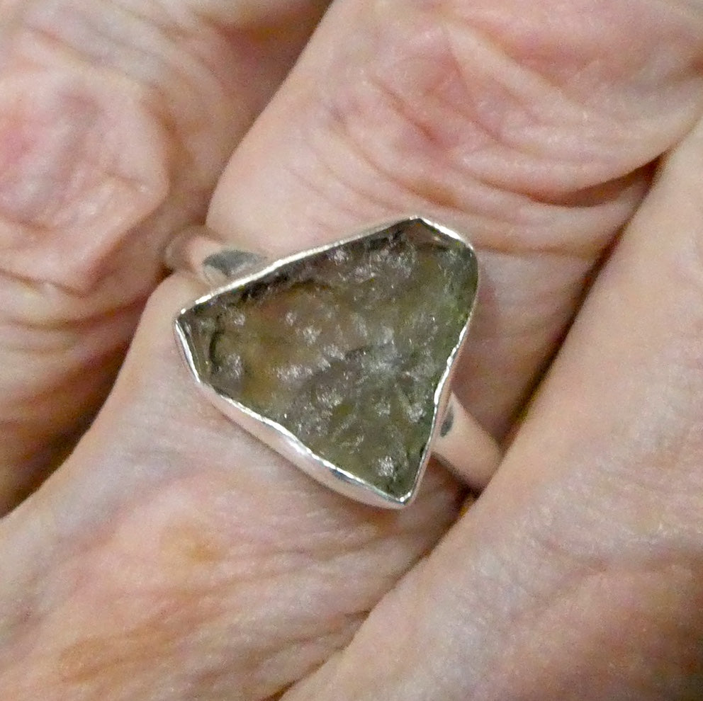 Raw Natural Moldavite Ring | 925 Sterling Silver | Bezel Set | Open back | US Size 8.5 | Aus Size Q1/2 | Green Obsidian | Chechya | Intense Personal Heart Transformation | Scorpio Stone | Genuine Gems from Crystal Heart Melbourne Australia since 1986