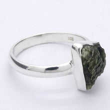 Load image into Gallery viewer, Raw Natural Moldavite Ring | 925 Sterling Silver | Bezel Set | Open back | US Size 9.75 | Aus Size T | Green Obsidian | Chechya | Intense Personal Heart Transformation | Scorpio Stone | Genuine Gems from Crystal Heart Melbourne Australia since 1986