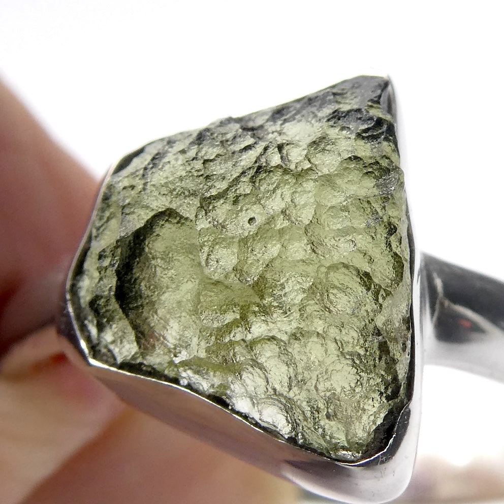 Raw Natural Moldavite Ring | 925 Sterling Silver | Bezel Set | Open back | US Size 9.75 | Aus Size T | Green Obsidian | Chechya | Intense Personal Heart Transformation | Scorpio Stone | Genuine Gems from Crystal Heart Melbourne Australia since 1986