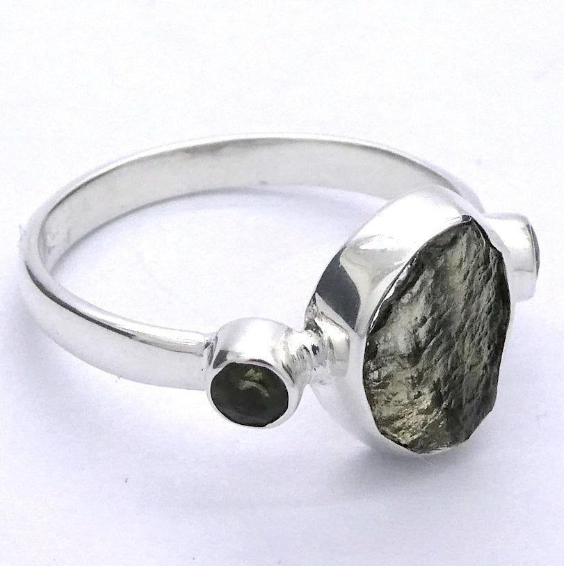 Raw Natural Moldavite Ring with faceted Moldavite outriders  | 925 Sterling Silver | Open back | US Size 8 | Aus Size P1/2 | Green Obsidian |  Chechya | Intense Personal Heart Transformation | Scorpio Stone | Genuine Gems from Crystal Heart Melbourne Australia since 1986