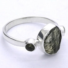 Load image into Gallery viewer, Raw Natural Moldavite Ring with faceted Moldavite outriders  | 925 Sterling Silver | Open back | US Size 8 | Aus Size P1/2 | Green Obsidian |  Chechya | Intense Personal Heart Transformation | Scorpio Stone | Genuine Gems from Crystal Heart Melbourne Australia since 1986