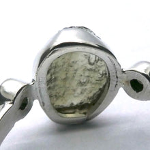 Load image into Gallery viewer, Raw Natural Moldavite Ring with faceted Moldavite outriders  | 925 Sterling Silver | Open back | US Size 8 | Aus Size P1/2 | Green Obsidian |  Chechya | Intense Personal Heart Transformation | Scorpio Stone | Genuine Gems from Crystal Heart Melbourne Australia since 1986