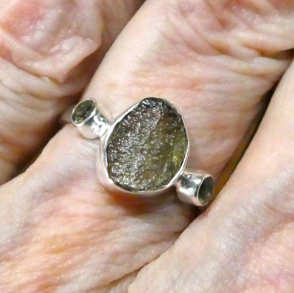 Raw Natural Moldavite Ring with faceted Moldavite outriders  | 925 Sterling Silver | Open back | US Size 8 | Aus Size P1/2 | Green Obsidian |  Chechya | Intense Personal Heart Transformation | Scorpio Stone | Genuine Gems from Crystal Heart Melbourne Australia since 1986