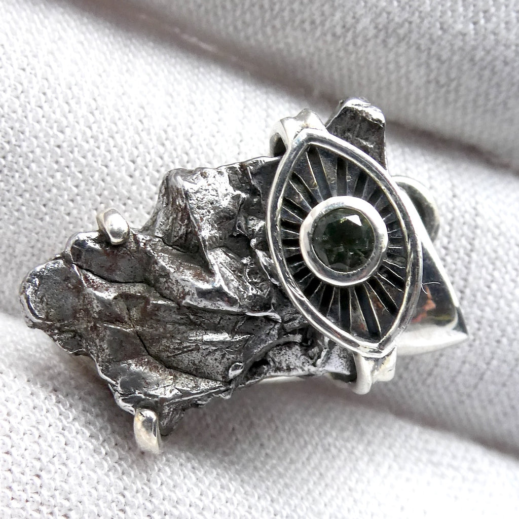 Moldavite over Nickel Iron Meteorite Pendant | Evil Eye Sun Symbol | Campo de Cielo | Slovakia | Natural Freeform Shapes | 925 Sterling Silver | Travel, Safety, Rugged Strength | Silent connected Meditation | Genuine Gems from Crystal Heart Australia since 1986