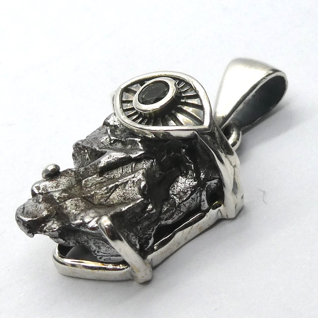 Moldavite over Nickel Iron Meteorite Pendant | Evil Eye Sun Symbol | Campo de Cielo | Slovakia | Natural Freeform Shapes | 925 Sterling Silver | Travel, Safety, Rugged Strength | Silent connected Meditation | Genuine Gems from Crystal Heart Australia since 1986