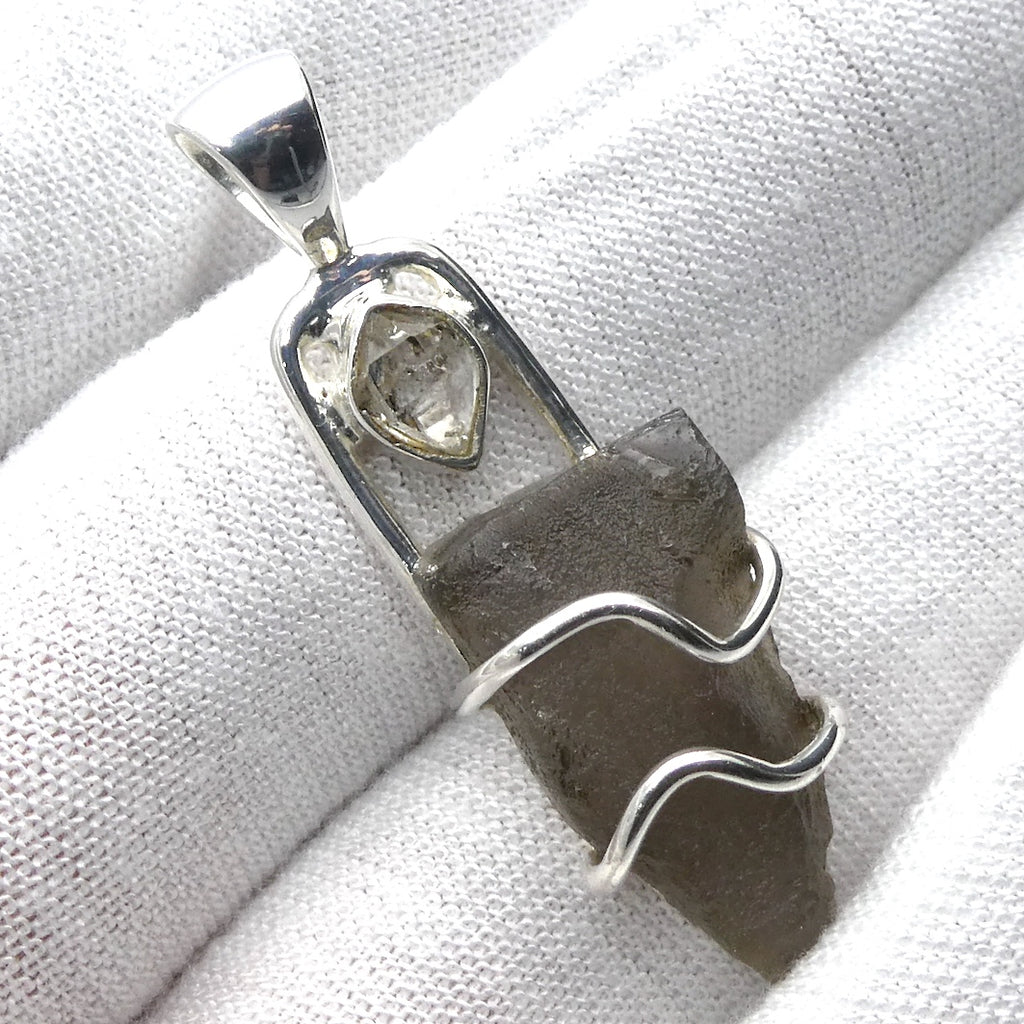 Colombianite Pendant | Natural SmokyTektite with Herkimer Diamond | Mellow Moldavite energy | 925 Sterling Silver  | Smoky Obsidian | Colombia | Energising and grounding | Genuine Gems from Crystal Heart Melbourne Australia since 1986