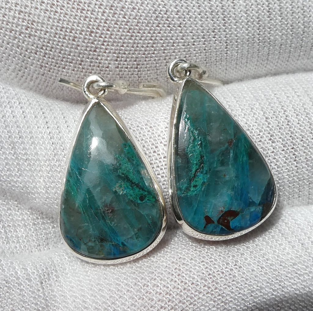 Shattuckite  Earring | Teardrtop Cabochon |  925 Sterling Silver | Bezel set with open back | Cut through Karmic debt | Genuine Gems from Crystal Heart Melbourne Australia since 1986