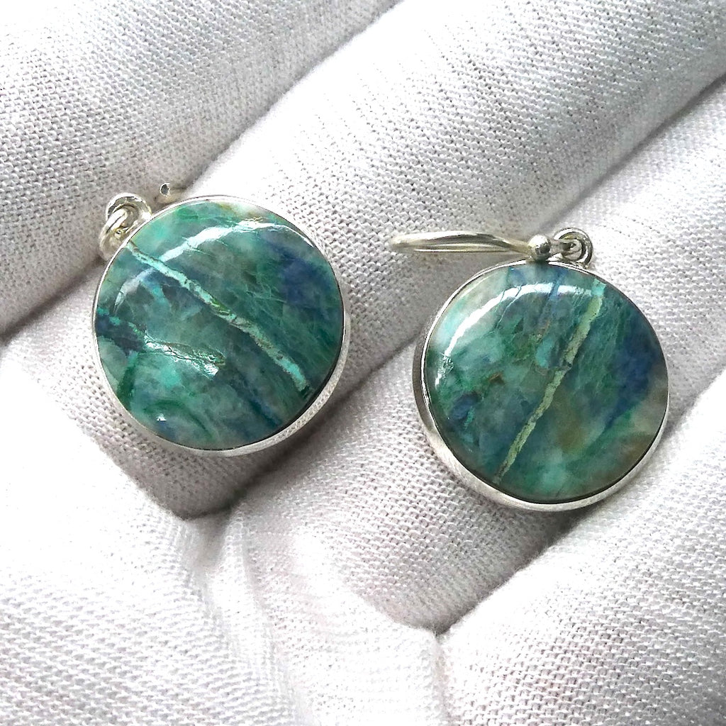 Shattuckite  Earring | Circle Cabochon |  925 Sterling Silver | Bezel set with open back | Cut through Karmic debt | Genuine Gems from Crystal Heart Melbourne Australia since 1986