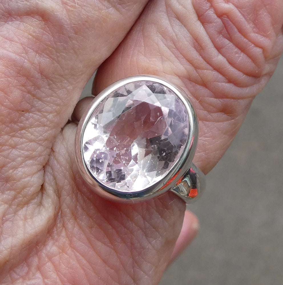 Kunzite Ring |  Faceted Oval | Flawless Brilliant Clear Stone | 925 Sterling Silver |  Deep Bezel Setting with cushioned walls | US Size 9.25 | EU Size S | AU Size S | Wisdom of the Heart | Inspire Love with Clarity | Taurus Scorpio Leo | Genuine Gemstones from Crystal heart Melbourne Australia since 1986