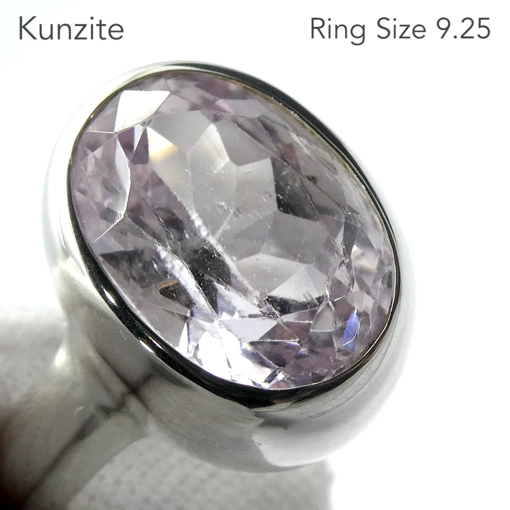 Kunzite Ring |  Faceted Oval | Flawless Brilliant Clear Stone | 925 Sterling Silver |  Deep Bezel Setting with cushioned walls | US Size 9.25 | EU Size S | AU Size S | Wisdom of the Heart | Inspire Love with Clarity | Taurus Scorpio Leo | Genuine Gemstones from Crystal heart Melbourne Australia since 1986