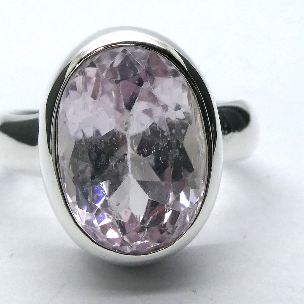 Kunzite Ring |  Faceted Oval | Flawless Brilliant Clear Stone | 925 Sterling Silver |  Deep Bezel Setting with cushioned walls | US Size 9.25 | EU Size S | AU Size S | Wisdom of the Heart | Inspire Love with Clarity | Taurus Scorpio Leo | Genuine Gemstones from Crystal heart Melbourne Australia since 1986