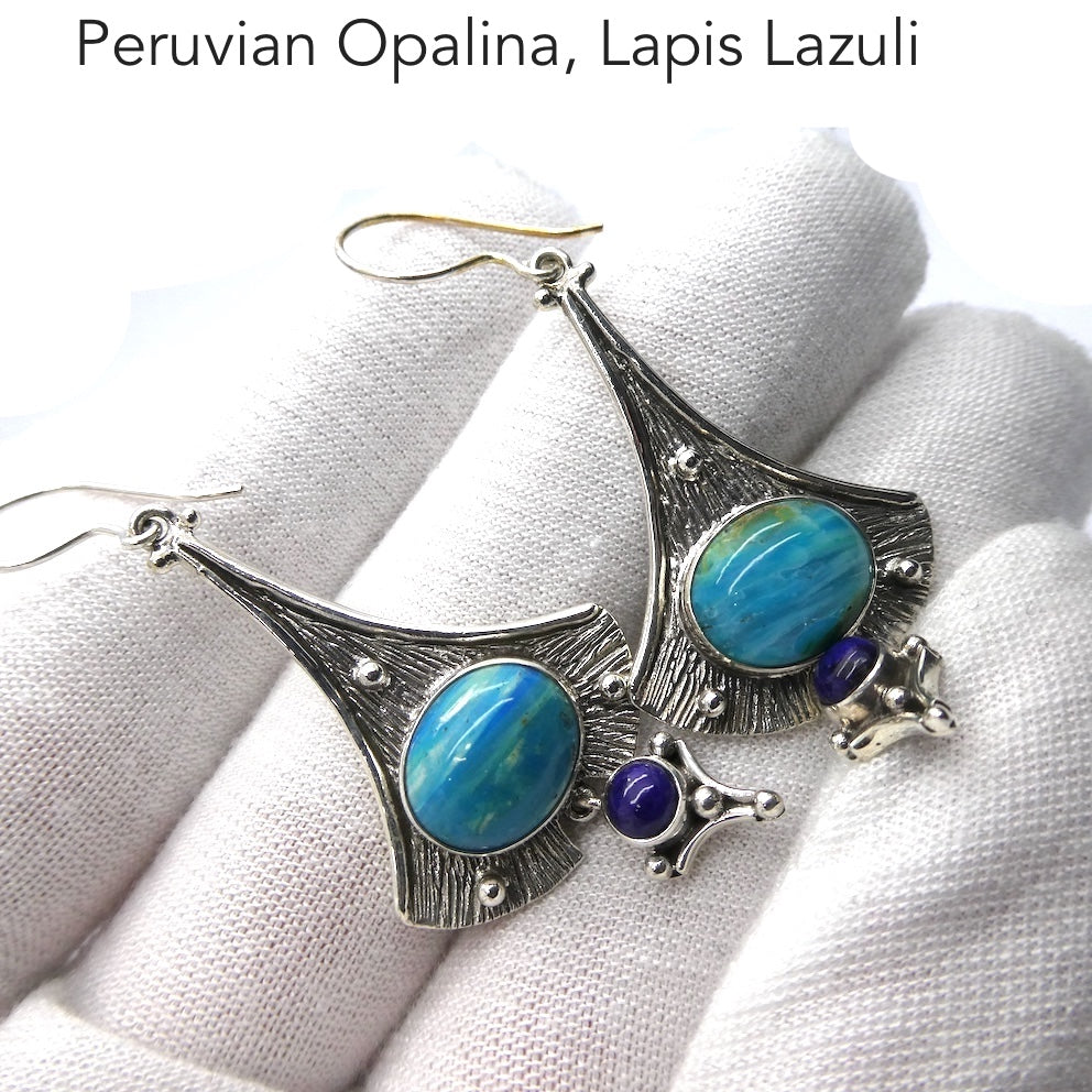 Peruvian Opalina Earrings | Lovely stone  | Lapis round dangles below | Striking Design | 925 Sterling Silver Setting | Uplift and protect the Heart | Connect Heaven and Earth | Peaceful Power | Spiritual Silence  Creativity | Expression | Genuine Gems from Crystal Heart Melbourne Australia since 1986