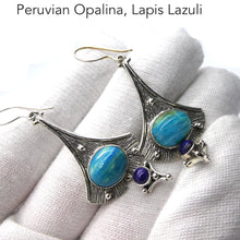 Load image into Gallery viewer, Peruvian Opalina Earrings | Lovely stone  | Lapis round dangles below | Striking Design | 925 Sterling Silver Setting | Uplift and protect the Heart | Connect Heaven and Earth | Peaceful Power | Spiritual Silence  Creativity | Expression | Genuine Gems from Crystal Heart Melbourne Australia since 1986