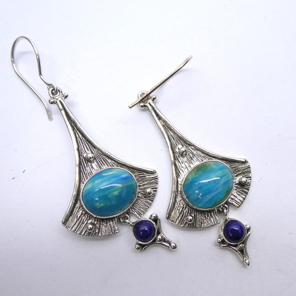 Peruvian Opalina Earrings | Lovely stone  | Lapis round dangles below | Striking Design | 925 Sterling Silver Setting | Uplift and protect the Heart | Connect Heaven and Earth | Peaceful Power | Spiritual Silence  Creativity | Expression | Genuine Gems from Crystal Heart Melbourne Australia since 1986