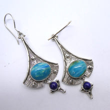 Load image into Gallery viewer, Peruvian Opalina Earrings | Lovely stone  | Lapis round dangles below | Striking Design | 925 Sterling Silver Setting | Uplift and protect the Heart | Connect Heaven and Earth | Peaceful Power | Spiritual Silence  Creativity | Expression | Genuine Gems from Crystal Heart Melbourne Australia since 1986