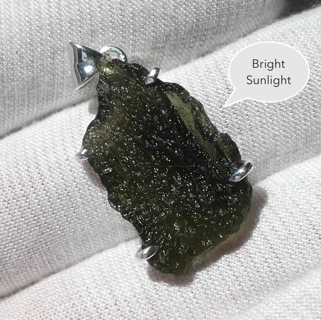 Moldavite Pendant | Raw Natural Moldavite Nugget | 925 Sterling Silver Bezel Setting | Open Back | Natural Green Obsidian | CZ Republic | Intense Personal Heart Transformation | Scorpio Stone | Genuine Gems from Crystal Heart Melbourne Australia since 1986