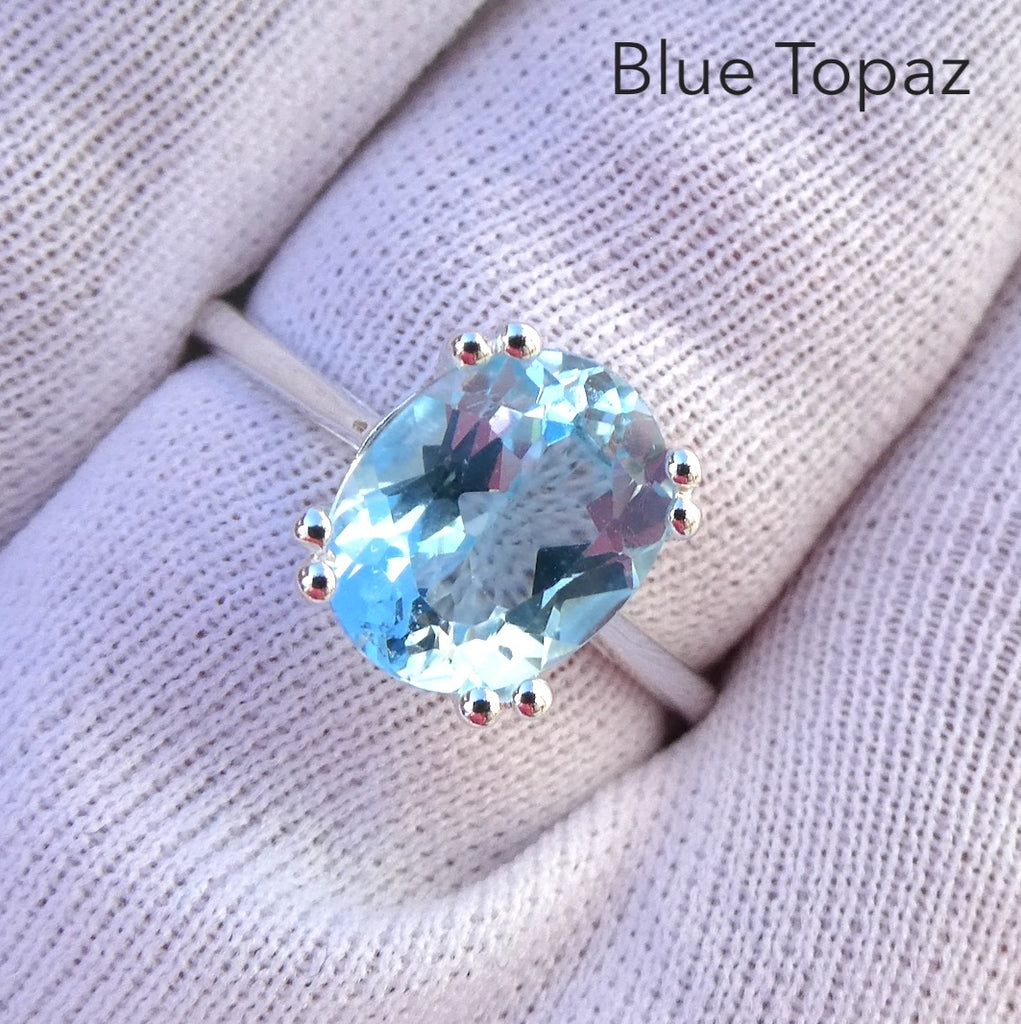 Blue Topaz Ring | Faceted Oval | Beautiful flawless Blue | Bright 925 Sterling Silver | Solid Claw setting | Open Backs | US Size | US Ring Size 9 | Genuine Gems from Crystal Heart Melbourne Australia since 1986