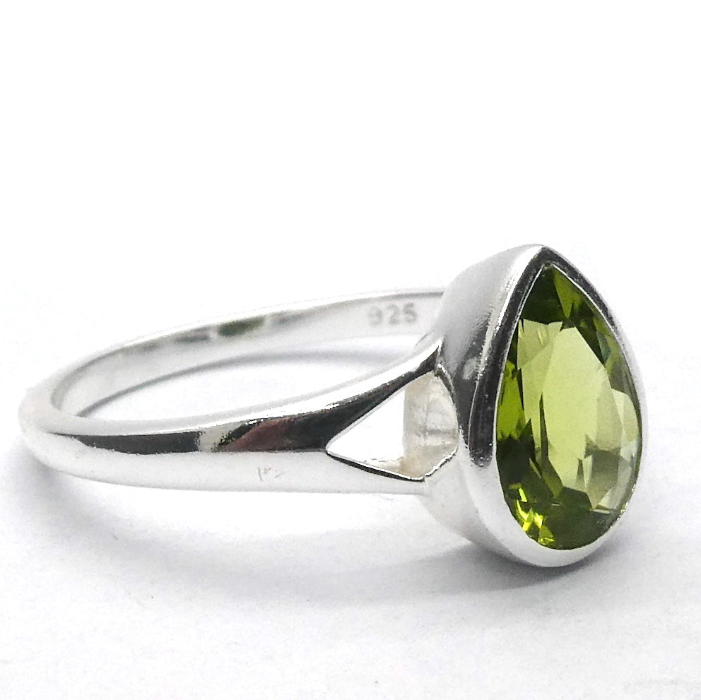 Peridot Ring | Faceted Teardrop | 925 Sterling Silver | Bezel Set |  US Size 6, 7, 8, 9, 10 | Joyful Heart | Overcome Fear | Engender Confidence | Virgo | Scorpio | Leo | Genuine Gems from Crystal Heart Melbourne Australia  since 1986
