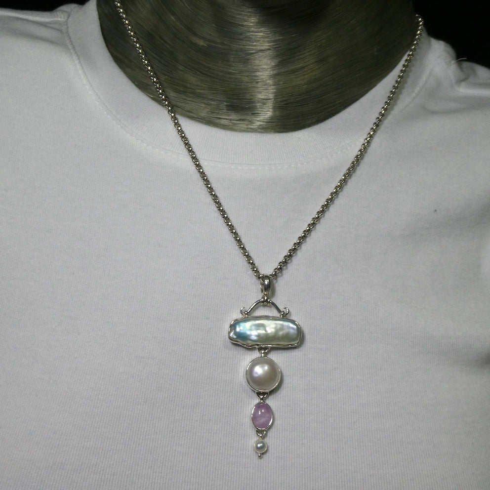 Baroque Pearl Pendant with Mabe and Morganite | 925 Sterling Silver | Lovely Lustre | Bezel set with open back | Genuine Gems from Crystal Heart Melbourne Australia since 1986
