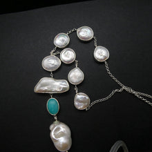 Load image into Gallery viewer, Freshwater Baroque Pearl Necklace | 925 Sterling Silver | Lovely Lustre | 7 Coin Pearls | Baroque Pearl Hanger | Amazonite | | Genuine Gems from Crystal Heart Melbourne Australia since 1986
