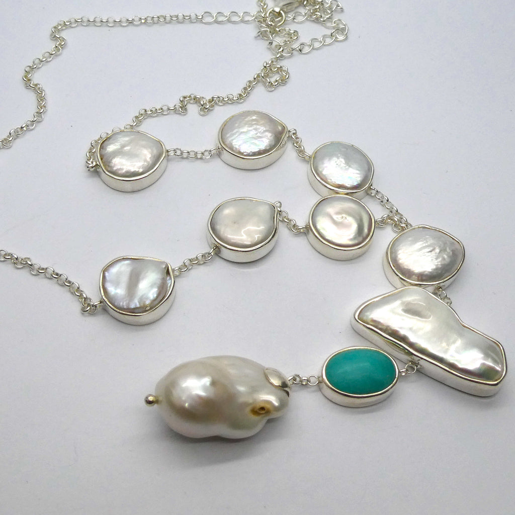 Freshwater Baroque Pearl Necklace | 925 Sterling Silver | Lovely Lustre | 7 Coin Pearls | Baroque Pearl Hanger | Amazonite | | Genuine Gems from Crystal Heart Melbourne Australia since 1986
