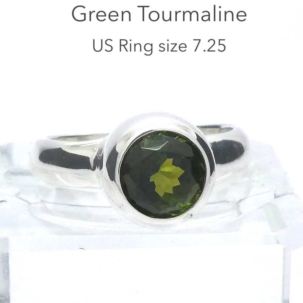 Green Tourmaline Ring | Faceted Round | Verdelite | 925 Sterling Silver Band | US Size 7.25 | AUS Size O | Star Stone Virgo Gemini Libra Taurus | Genuine Gems from Crystal Heart Melbourne Australia since 1986