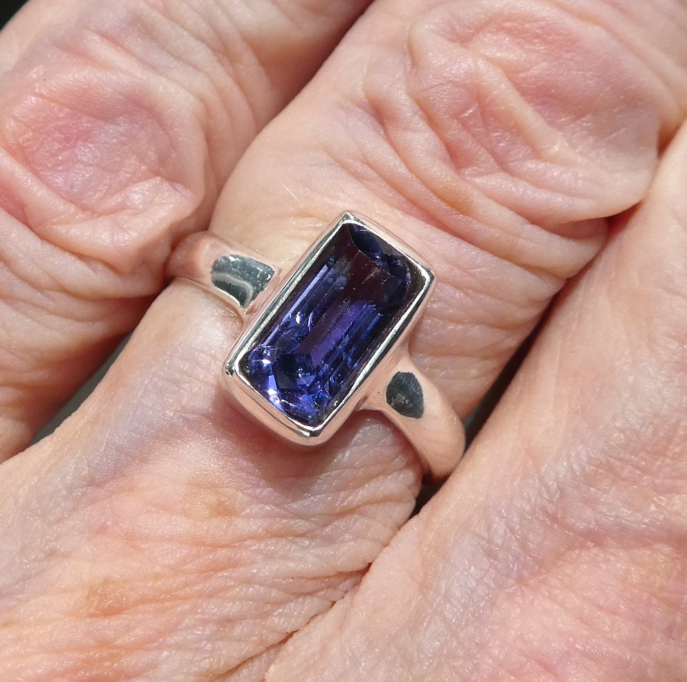 Iolite Ring | Faceted Oblong |  Sapphire Blue | AA Grade | 925 Sterling Silver | Nicely Styled Design |  US Size  7.75 | AUS Size P | Gemstone variety of Cordierite | AKA Water Sapphire | Pleochroic  | Viking Compass | Libra | Find Spiritual Direction | Genuine Gemstones from Crystal Heart Melbourne Australia since 1986