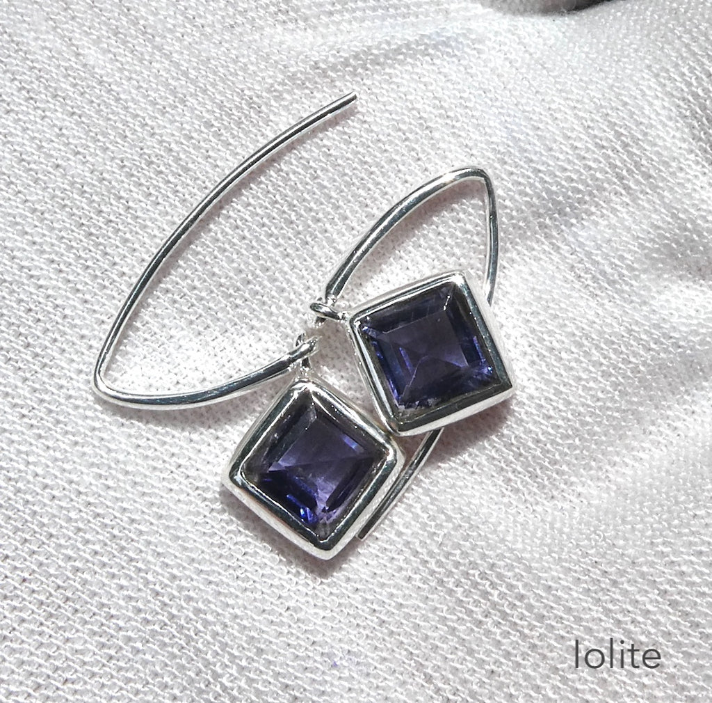 Iolite Earrings | Faceted Squares | Diamond Set |  Sapphire Blue | AA Grade | 925 Sterling Silver | Nicely Styled Design |  US Size  7.75 | AUS Size P | Gemstone variety of Cordierite | AKA Water Sapphire | Pleochroic  | Viking Compass | Libra | Find Spiritual Direction | Genuine Gemstones from Crystal Heart Melbourne Australia since 1986