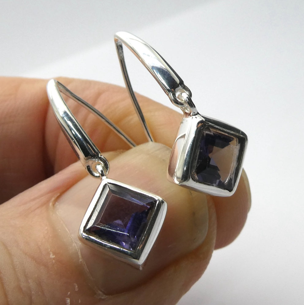 Iolite Earrings | Faceted Squares | Diamond Set |  Sapphire Blue | AA Grade | 925 Sterling Silver | Nicely Styled Design |  US Size  7.75 | AUS Size P | Gemstone variety of Cordierite | AKA Water Sapphire | Pleochroic  | Viking Compass | Libra | Find Spiritual Direction | Genuine Gemstones from Crystal Heart Melbourne Australia since 1986