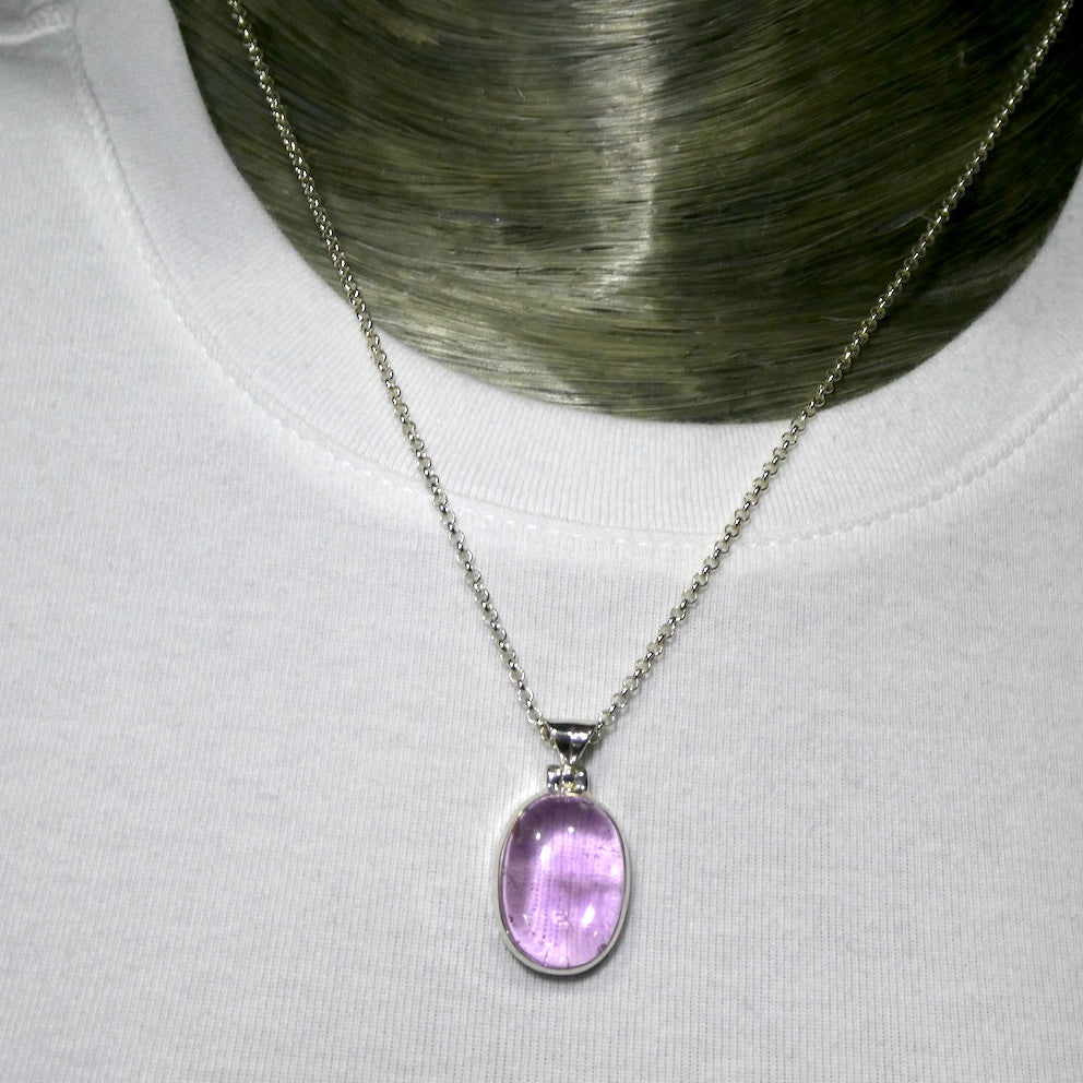 Kunzite Pendant | OvaL Cabochon | Good colour and Clarity | 925 Sterling Silver | Bezel Set | Wisdom of the Heart | Taurus Scorpio Leo | Genuine Gems from Crystal heart Melbourne Australia since 1986  