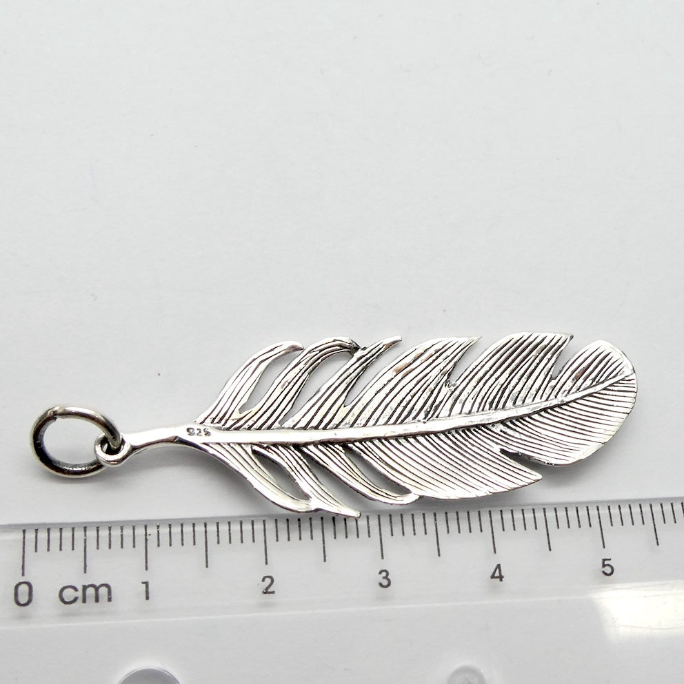 Feather Pendant | 925 Sterling Silver | Beautifully detailed silver Feather Pendant. Very Lifelike. 17 mm wide, drop 55 mm | Crystal Heart Australia since 1986