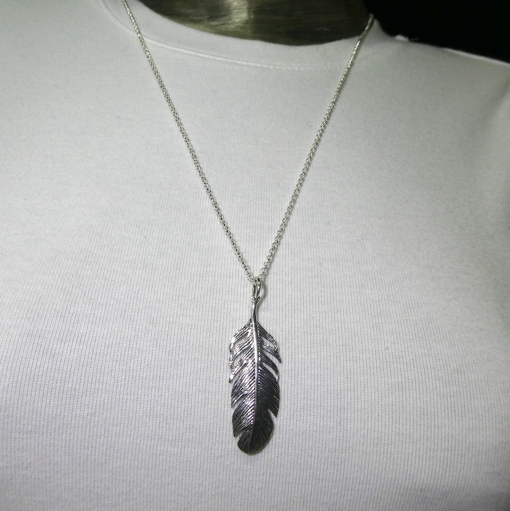 Feather Pendant | 925 Sterling Silver | Beautifully detailed silver Feather Pendant. Very Lifelike. 17 mm wide, drop 55 mm | Crystal Heart Australia since 1986