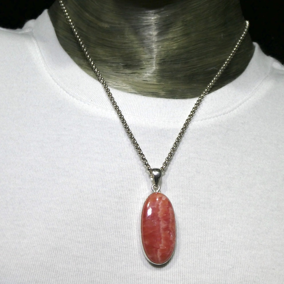 Rhodochrosite Pendant | Rich Salmon Red white inclusions | translucent | 925 Sterling Silver Setting with open back | Deep compassion, wish fulfillment | Genuine Gems from Crystal Heart Melbourne Australia since 1986