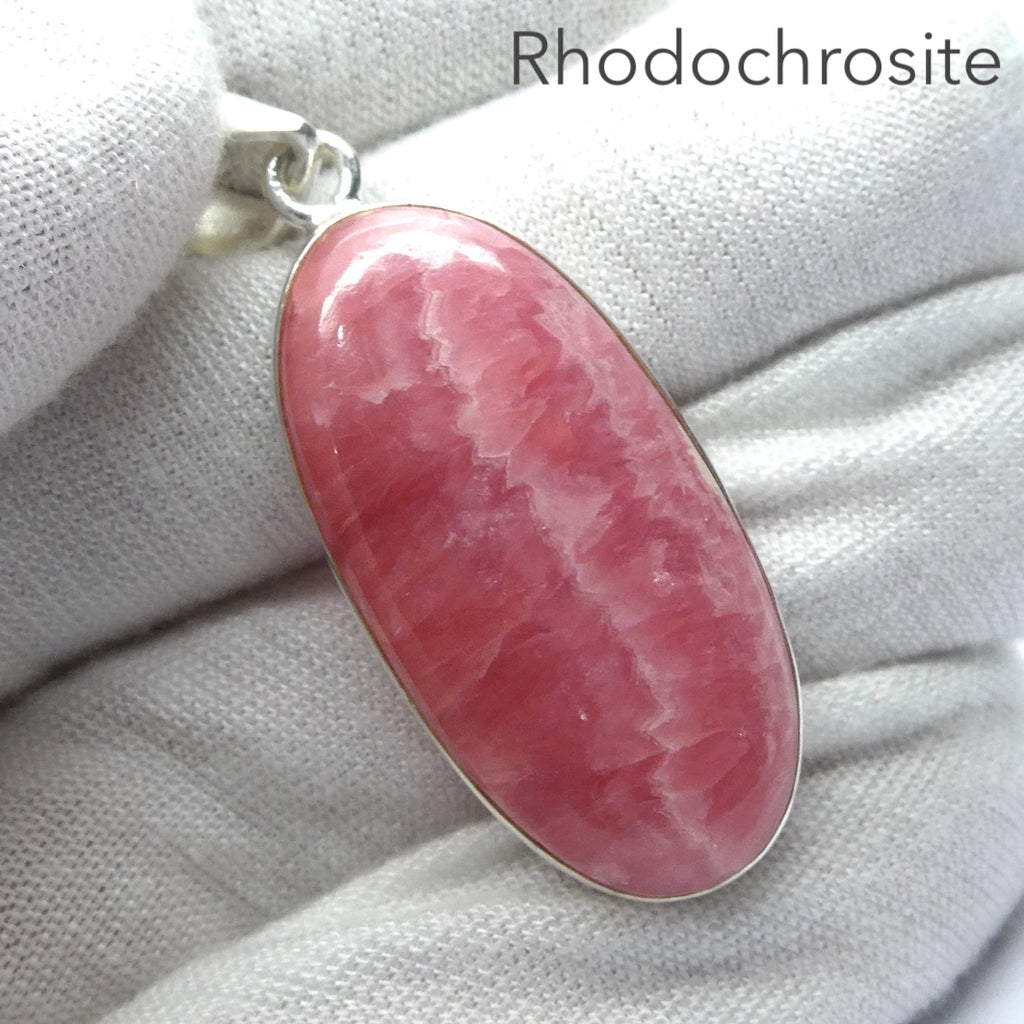 Rhodochrosite Pendant | Rich Salmon Red white inclusions | translucent | 925 Sterling Silver Setting with open back | Deep compassion, wish fulfillment | Genuine Gems from Crystal Heart Melbourne Australia since 1986