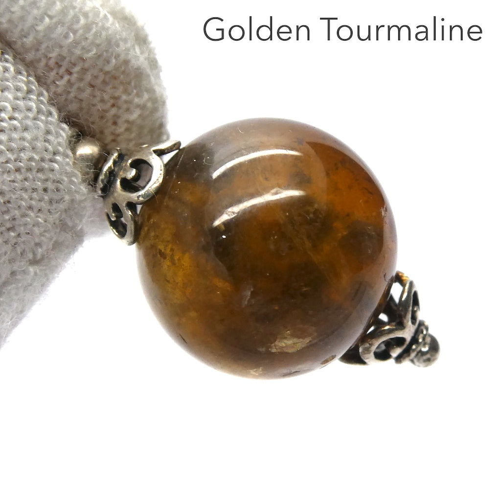 Golden Tourmaline Pendant | 14 mm bead | 925 Sterling Silver  | Oxidised ethnic caps | Genuine Gems from Crystal Heart Melbourne Australia since 1986