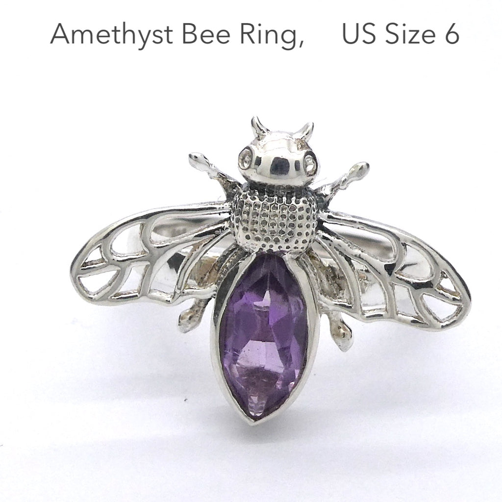 Bee Jewelry | Ring | US Size 6 | 925 Sterling silver | Faceted Amethyst | Life Like | Wings in Flight | Creativity fertility Goddess wisdom power | Spiritual Vision | Melissa | Merovingian | Genuine Gems from Crystal Heart Melbourne Australia since 1986