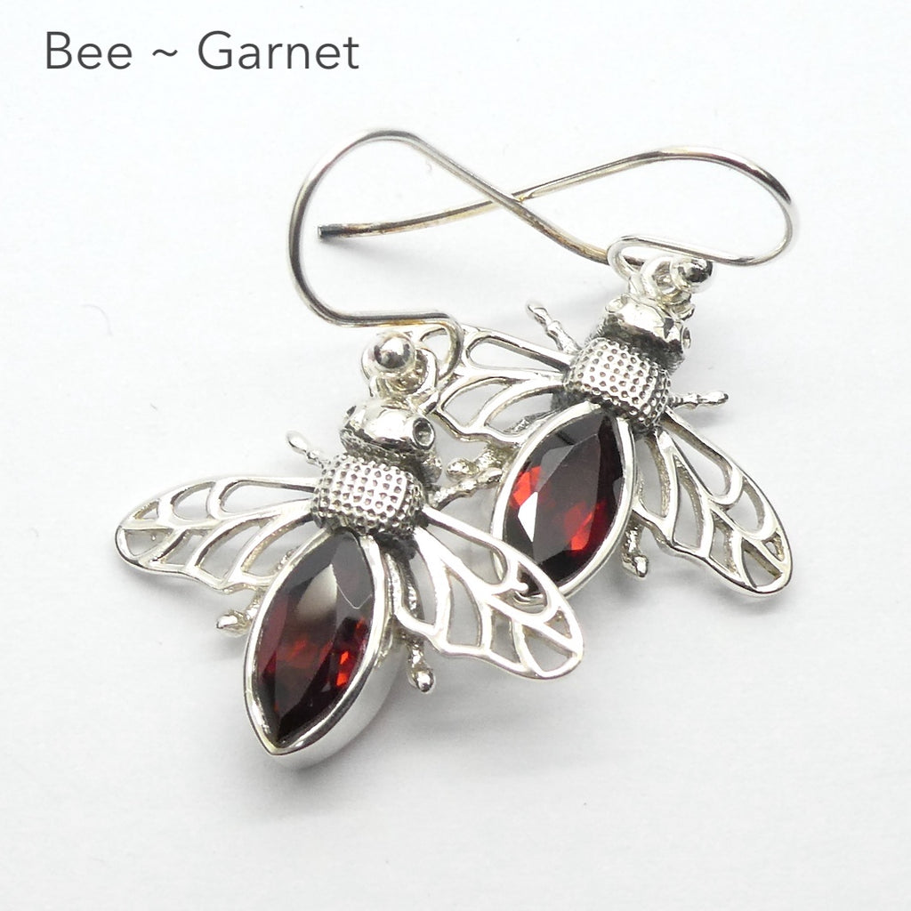 Bee Jewelry Earrings | 925 Sterling silver | Faceted Garnet | Life Like | Wings in Flight | Creativity fertility Goddess wisdom power | Melissa | Merovingian | Genuine Gems from Crystal Heart Melbourne Australia since 1986