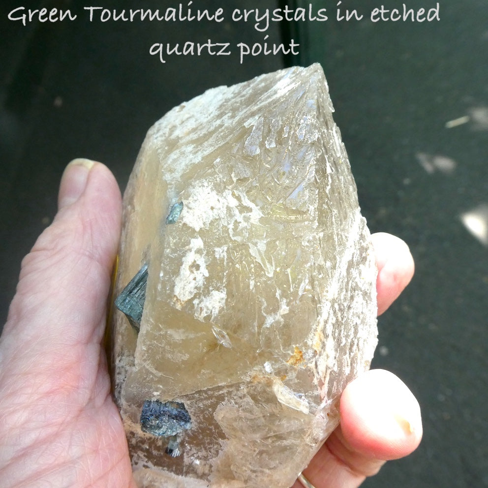 Large  Elestial  Point | embedded Green Tourmalines | Etched Faces | Shaman Stone | Crystal Heart Australia since 1986