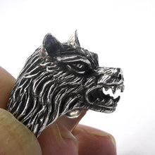 Load image into Gallery viewer, Wolf&#39;s Head Ring | 925 Sterling Silver | Life like fine detail | US Size 5.5, 7.75, 10 | Crystal Heart Melbourne 1986  | Fenrir | Shaman | Shapeshifter | Lupus