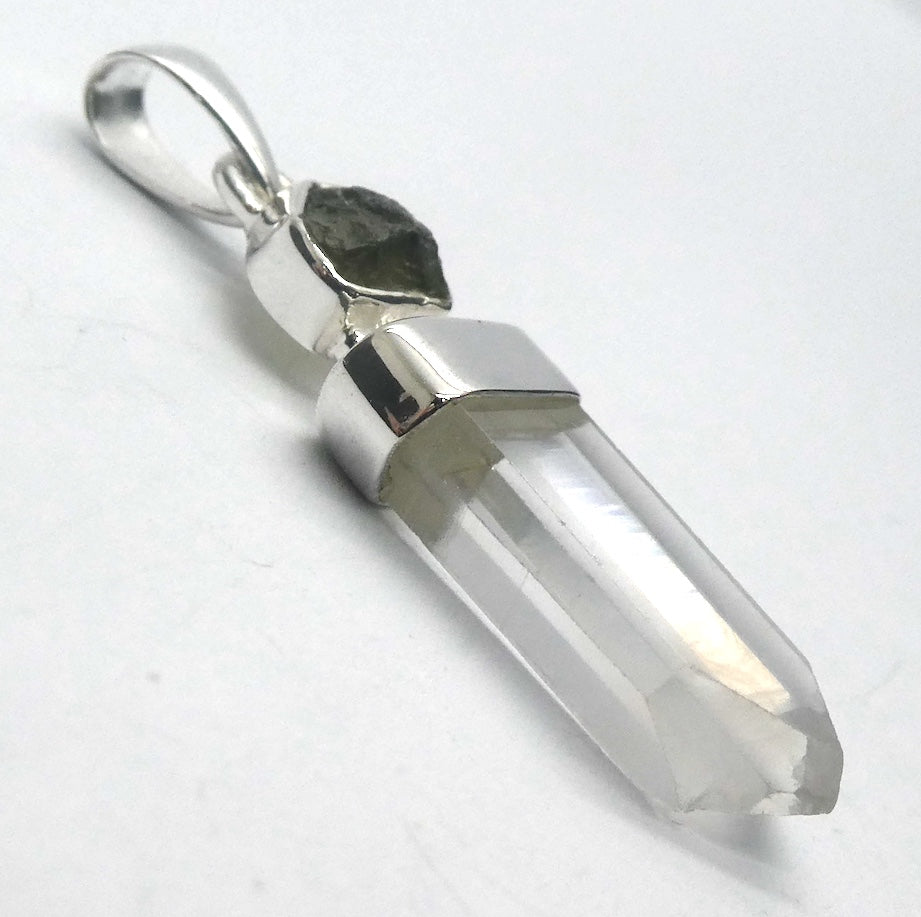 Raw Moldavite Nugget Pendant On Clear Quartz Point | 925 Sterling Silver | Genuine Gems from Crystal Heart Melbourne Australia since 1986 