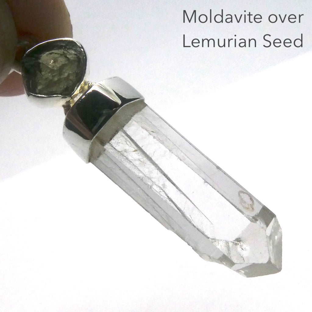 Moldavite over Lemurian Quartz Pendant | Raw Stones | | 925 Sterling Silver Cap | Empowers personal Heart Transformation | Conscious Evolution | Genuine Gems from Crystal Heart Melbourne Australia since 1986 