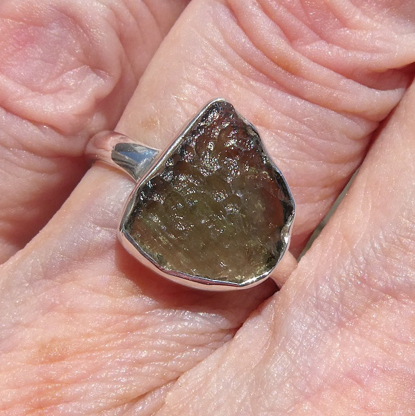 Raw Natural Moldavite Ring | 925 Sterling Silver | Open back | US Size 9 | Aus Size R1/2 | Intense Heart Transformation | Crystal Heart Melbourne since 1986