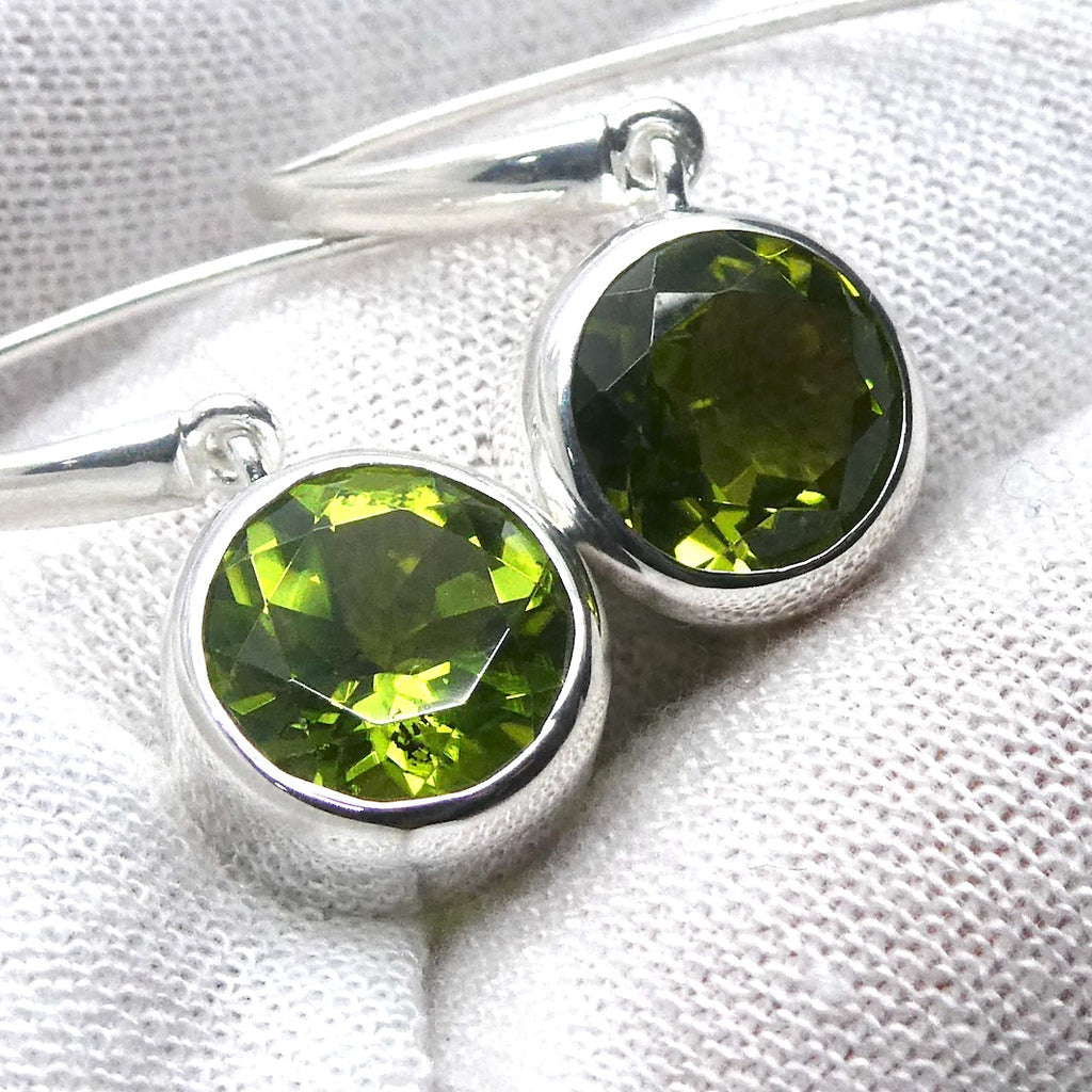 Peridot Earrings | Faceted Round | 925 Sterling Silver | Bezel Set, Designer Hooks |Joyful Heart Prosperity | Genuine Gems Crystal Heart Australia since 1986