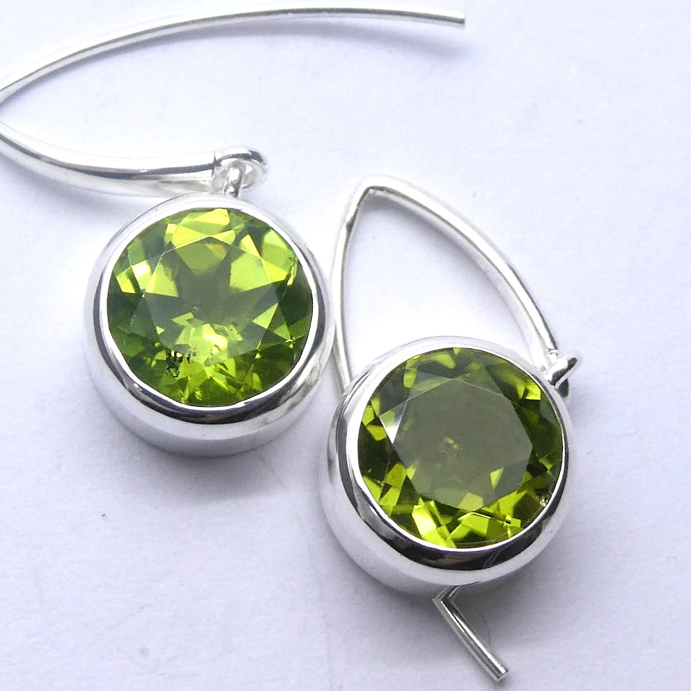 Peridot Earrings | Faceted Round | 925 Sterling Silver | Bezel Set, Designer Hooks |Joyful Heart Prosperity | Genuine Gems Crystal Heart Australia since 1986