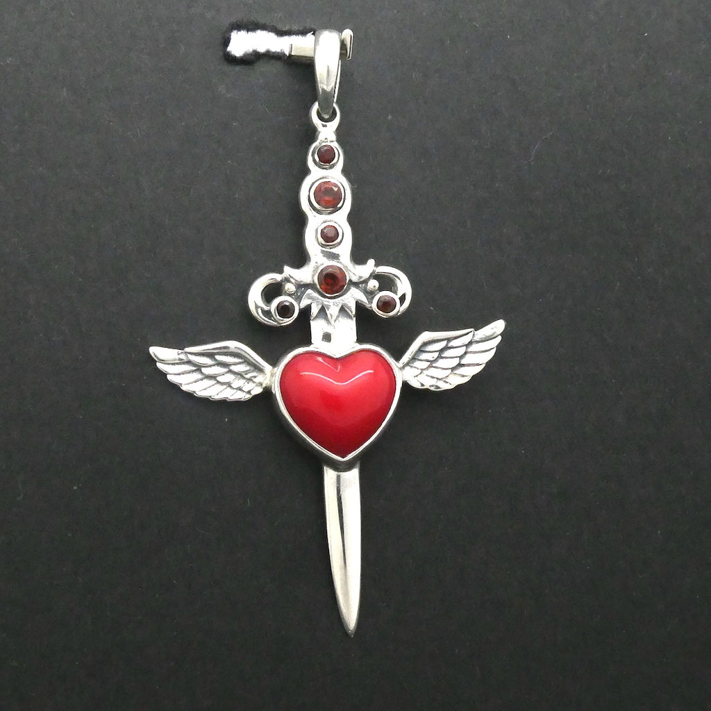 Garnet Dagger Pendant Transfixing Winged Heart, 925 Sterling Silver