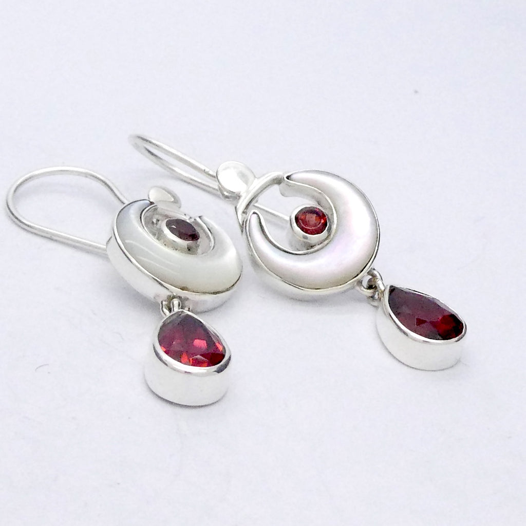 Earrings Mother of Pearl Crescent Moon | Faceted AAA Garnet Teardrops | Hooks | 925 Sterling Silver |Genuine Gems from Crystal Heart Melbourne Australia 1986
