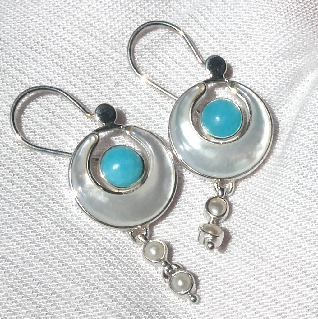 Earrings Mother of Pearl Crescent Moon with Amazonite and Freshwater Pearls | 925 Sterling Silver | Genuine Gems from Crystal Heart Melbourne Australia 1986
