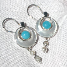 Load image into Gallery viewer, Earrings Mother of Pearl Crescent Moon with Amazonite and Freshwater Pearls | 925 Sterling Silver | Genuine Gems from Crystal Heart Melbourne Australia 1986
