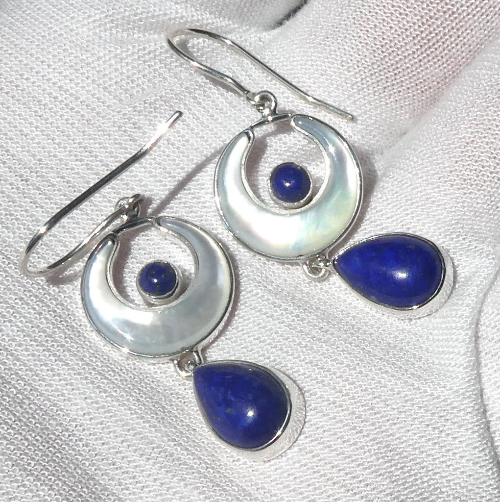 Earrings Mother of Pearl Crescent Moon with Lapis Lazuli | 925 Sterling Silver | Genuine Gems from Crystal Heart Melbourne Australia 1986
